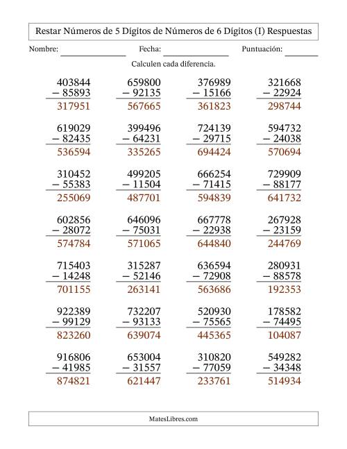 La hoja de ejercicios de Restar números de 5 dígitos de números de 6 dígitos, con acarreo en algunas preguntas (28 preguntas) (I) Página 2