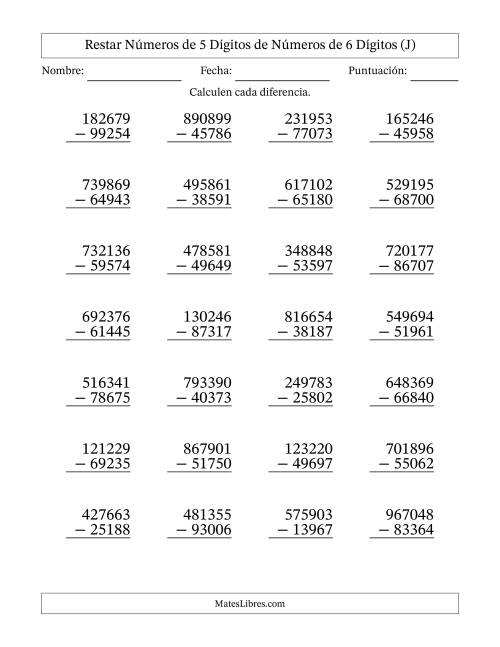 La hoja de ejercicios de Restar números de 5 dígitos de números de 6 dígitos, con acarreo en algunas preguntas (28 preguntas) (J)