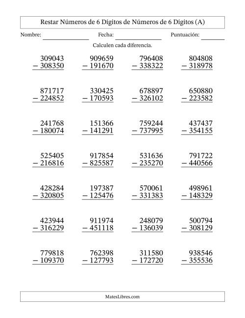 La hoja de ejercicios de Restar números de 6 dígitos de números de 6 dígitos, con acarreo en algunas preguntas (28 preguntas) (A)