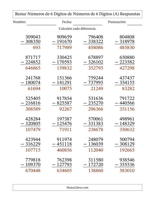 La hoja de ejercicios de Restar números de 6 dígitos de números de 6 dígitos, con acarreo en algunas preguntas (28 preguntas) (A) Página 2