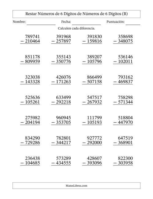 La hoja de ejercicios de Restar números de 6 dígitos de números de 6 dígitos, con acarreo en algunas preguntas (28 preguntas) (B)