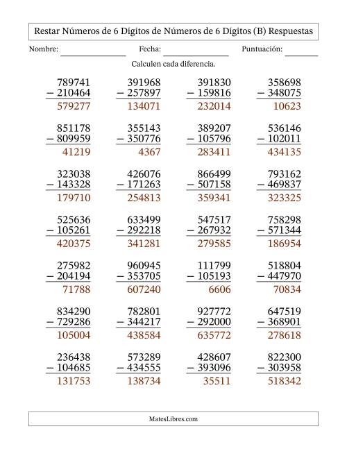 La hoja de ejercicios de Restar números de 6 dígitos de números de 6 dígitos, con acarreo en algunas preguntas (28 preguntas) (B) Página 2