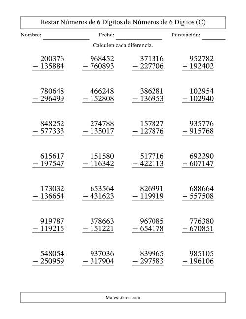 La hoja de ejercicios de Restar números de 6 dígitos de números de 6 dígitos, con acarreo en algunas preguntas (28 preguntas) (C)