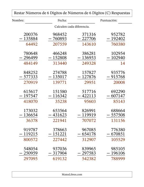 La hoja de ejercicios de Restar números de 6 dígitos de números de 6 dígitos, con acarreo en algunas preguntas (28 preguntas) (C) Página 2