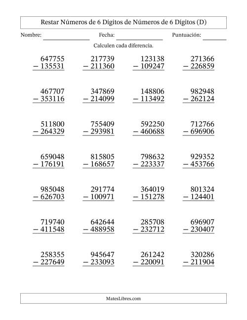 La hoja de ejercicios de Restar números de 6 dígitos de números de 6 dígitos, con acarreo en algunas preguntas (28 preguntas) (D)
