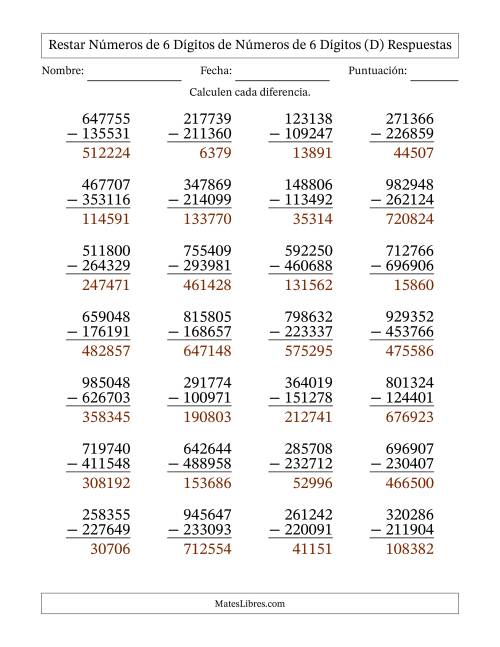 La hoja de ejercicios de Restar números de 6 dígitos de números de 6 dígitos, con acarreo en algunas preguntas (28 preguntas) (D) Página 2