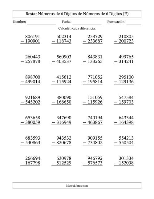 La hoja de ejercicios de Restar números de 6 dígitos de números de 6 dígitos, con acarreo en algunas preguntas (28 preguntas) (E)