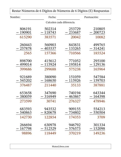 La hoja de ejercicios de Restar números de 6 dígitos de números de 6 dígitos, con acarreo en algunas preguntas (28 preguntas) (E) Página 2