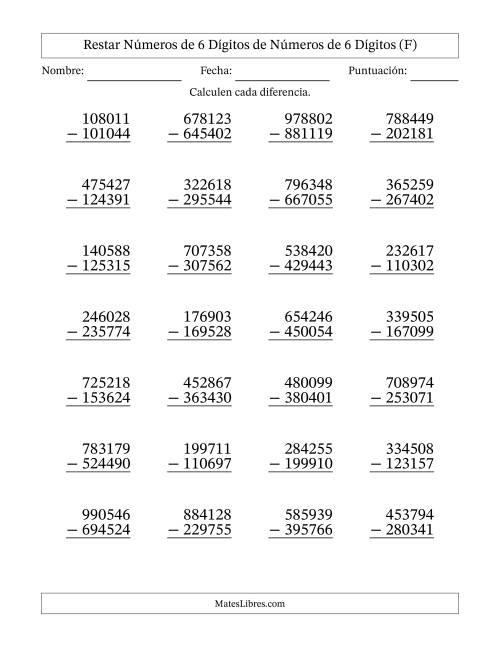 La hoja de ejercicios de Restar números de 6 dígitos de números de 6 dígitos, con acarreo en algunas preguntas (28 preguntas) (F)