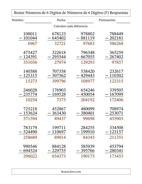 La hoja de ejercicios de Restar números de 6 dígitos de números de 6 dígitos, con acarreo en algunas preguntas (28 preguntas) (F) Página 2