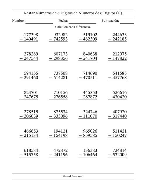 La hoja de ejercicios de Restar números de 6 dígitos de números de 6 dígitos, con acarreo en algunas preguntas (28 preguntas) (G)