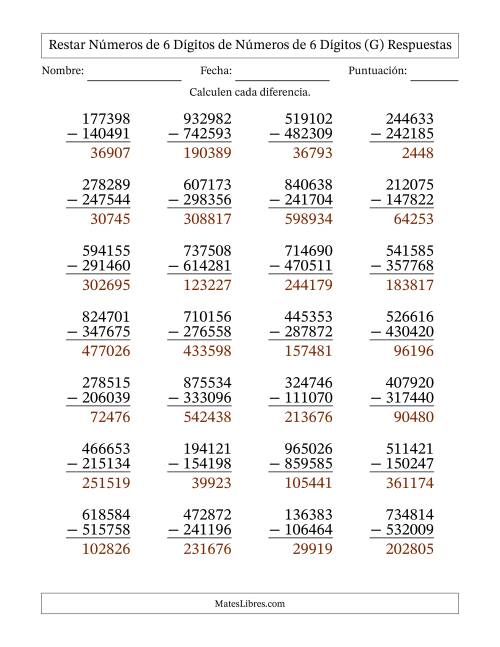 La hoja de ejercicios de Restar números de 6 dígitos de números de 6 dígitos, con acarreo en algunas preguntas (28 preguntas) (G) Página 2