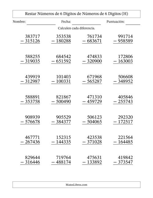 La hoja de ejercicios de Restar números de 6 dígitos de números de 6 dígitos, con acarreo en algunas preguntas (28 preguntas) (H)