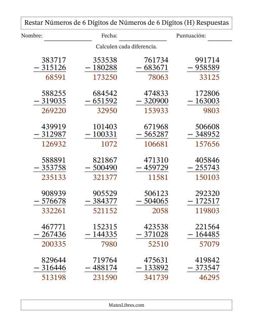 La hoja de ejercicios de Restar números de 6 dígitos de números de 6 dígitos, con acarreo en algunas preguntas (28 preguntas) (H) Página 2