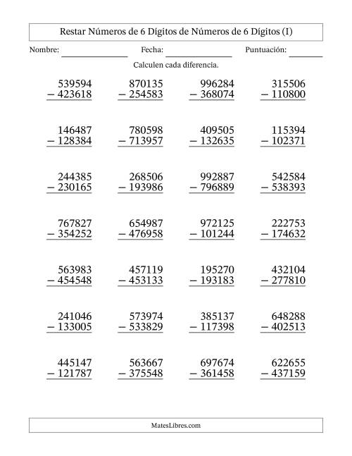 La hoja de ejercicios de Restar números de 6 dígitos de números de 6 dígitos, con acarreo en algunas preguntas (28 preguntas) (I)