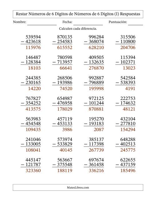 La hoja de ejercicios de Restar números de 6 dígitos de números de 6 dígitos, con acarreo en algunas preguntas (28 preguntas) (I) Página 2