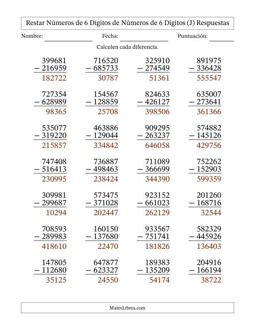 La hoja de ejercicios de Restar números de 6 dígitos de números de 6 dígitos, con acarreo en algunas preguntas (28 preguntas) (J) Página 2
