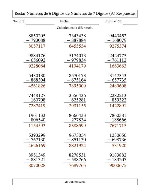 La hoja de ejercicios de Restar números de 6 dígitos de números de 7 dígitos, con acarreo en algunas preguntas (21 preguntas) (A) Página 2