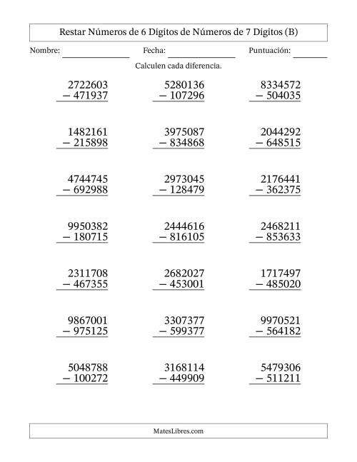 La hoja de ejercicios de Restar números de 6 dígitos de números de 7 dígitos, con acarreo en algunas preguntas (21 preguntas) (B)