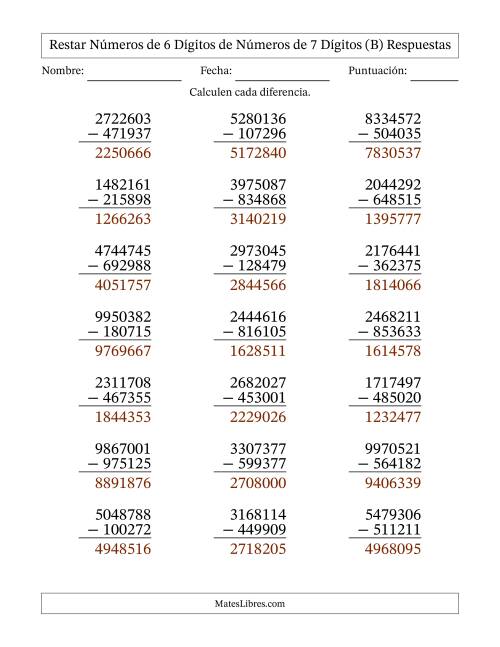 La hoja de ejercicios de Restar números de 6 dígitos de números de 7 dígitos, con acarreo en algunas preguntas (21 preguntas) (B) Página 2