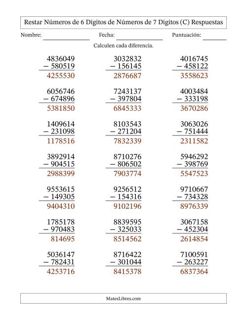 La hoja de ejercicios de Restar números de 6 dígitos de números de 7 dígitos, con acarreo en algunas preguntas (21 preguntas) (C) Página 2