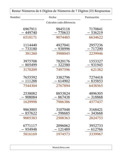 La hoja de ejercicios de Restar números de 6 dígitos de números de 7 dígitos, con acarreo en algunas preguntas (21 preguntas) (D) Página 2