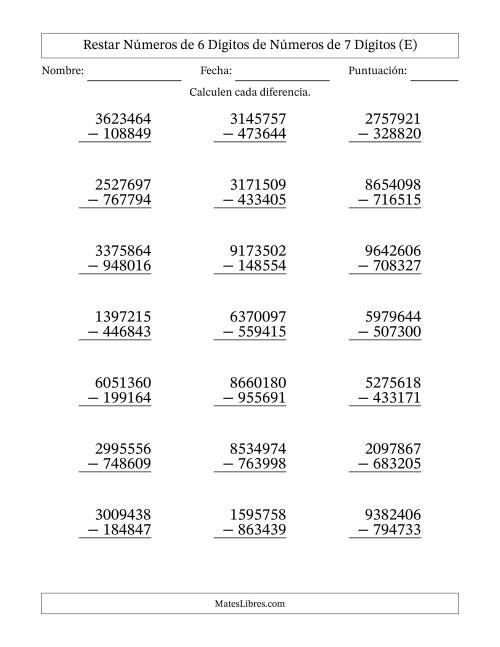 La hoja de ejercicios de Restar números de 6 dígitos de números de 7 dígitos, con acarreo en algunas preguntas (21 preguntas) (E)