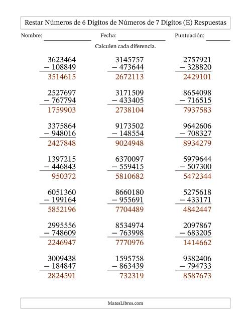 La hoja de ejercicios de Restar números de 6 dígitos de números de 7 dígitos, con acarreo en algunas preguntas (21 preguntas) (E) Página 2