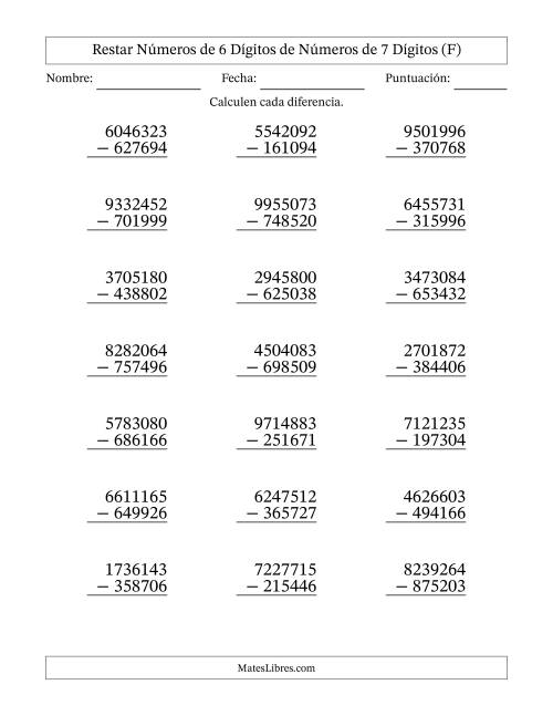 La hoja de ejercicios de Restar números de 6 dígitos de números de 7 dígitos, con acarreo en algunas preguntas (21 preguntas) (F)