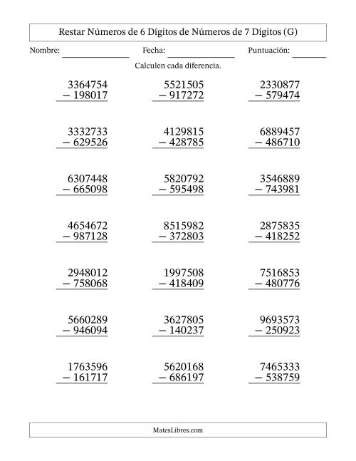 La hoja de ejercicios de Restar números de 6 dígitos de números de 7 dígitos, con acarreo en algunas preguntas (21 preguntas) (G)
