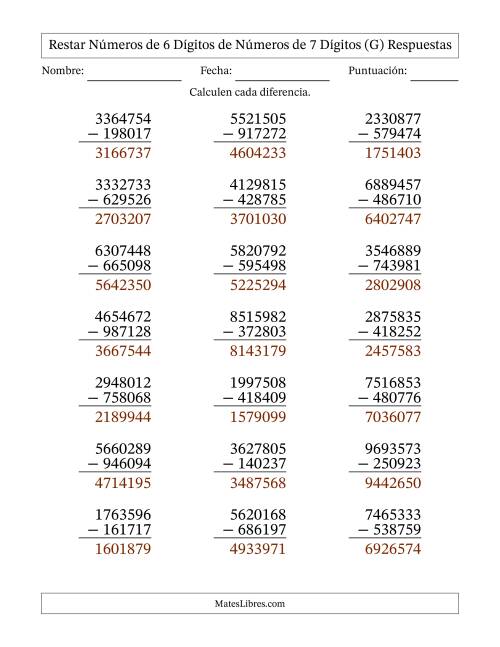 La hoja de ejercicios de Restar números de 6 dígitos de números de 7 dígitos, con acarreo en algunas preguntas (21 preguntas) (G) Página 2