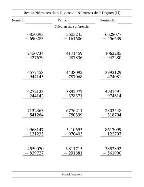 La hoja de ejercicios de Restar números de 6 dígitos de números de 7 dígitos, con acarreo en algunas preguntas (21 preguntas) (H)