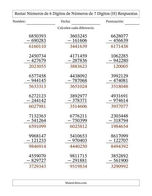 La hoja de ejercicios de Restar números de 6 dígitos de números de 7 dígitos, con acarreo en algunas preguntas (21 preguntas) (H) Página 2