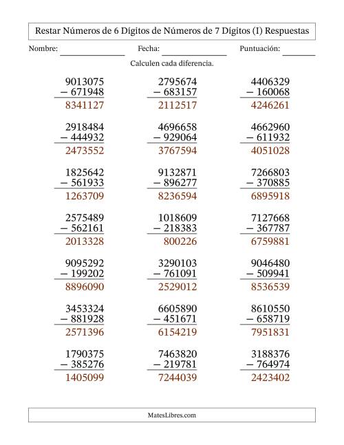 La hoja de ejercicios de Restar números de 6 dígitos de números de 7 dígitos, con acarreo en algunas preguntas (21 preguntas) (I) Página 2