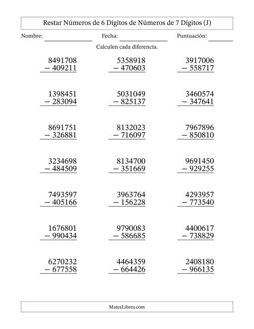 La hoja de ejercicios de Restar números de 6 dígitos de números de 7 dígitos, con acarreo en algunas preguntas (21 preguntas) (J)