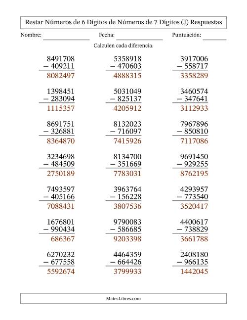 La hoja de ejercicios de Restar números de 6 dígitos de números de 7 dígitos, con acarreo en algunas preguntas (21 preguntas) (J) Página 2