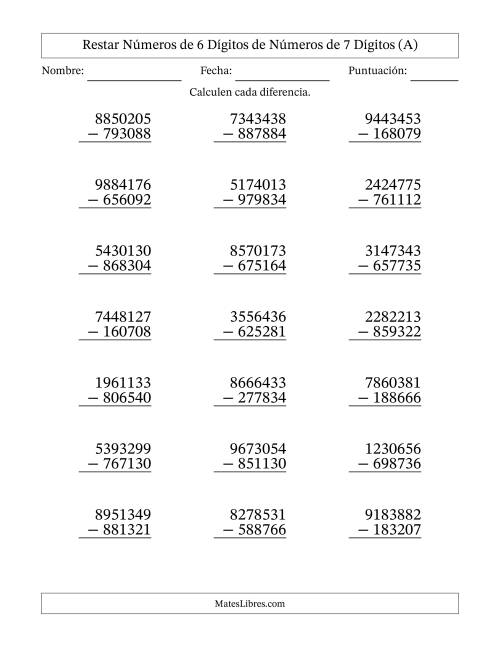 La hoja de ejercicios de Restar números de 6 dígitos de números de 7 dígitos, con acarreo en algunas preguntas (21 preguntas) (Todas)