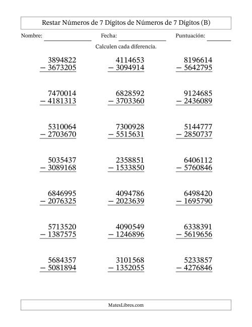 La hoja de ejercicios de Restar números de 7 dígitos de números de 7 dígitos, con acarreo en algunas preguntas (21 preguntas) (B)