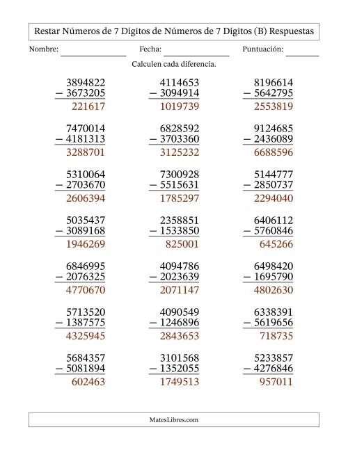La hoja de ejercicios de Restar números de 7 dígitos de números de 7 dígitos, con acarreo en algunas preguntas (21 preguntas) (B) Página 2