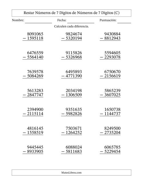 La hoja de ejercicios de Restar números de 7 dígitos de números de 7 dígitos, con acarreo en algunas preguntas (21 preguntas) (C)