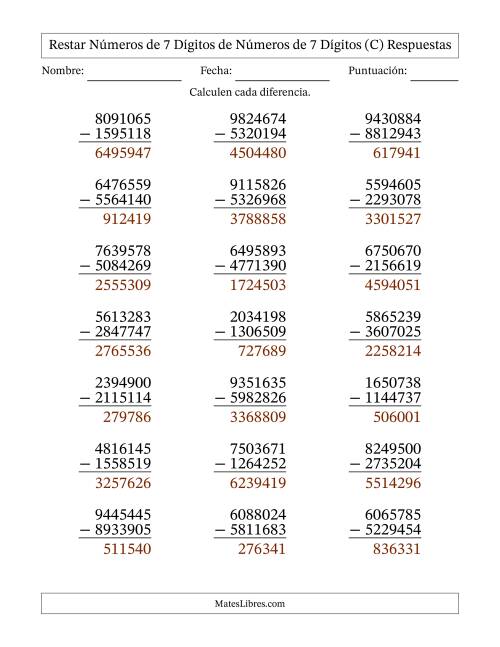 La hoja de ejercicios de Restar números de 7 dígitos de números de 7 dígitos, con acarreo en algunas preguntas (21 preguntas) (C) Página 2