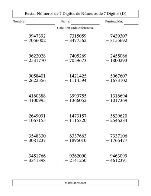 La hoja de ejercicios de Restar números de 7 dígitos de números de 7 dígitos, con acarreo en algunas preguntas (21 preguntas) (D)