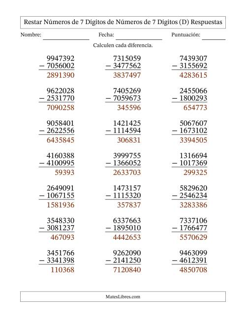 La hoja de ejercicios de Restar números de 7 dígitos de números de 7 dígitos, con acarreo en algunas preguntas (21 preguntas) (D) Página 2
