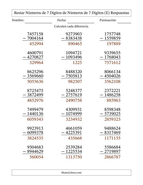 La hoja de ejercicios de Restar números de 7 dígitos de números de 7 dígitos, con acarreo en algunas preguntas (21 preguntas) (E) Página 2