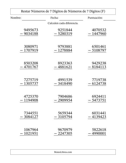 La hoja de ejercicios de Restar números de 7 dígitos de números de 7 dígitos, con acarreo en algunas preguntas (21 preguntas) (F)