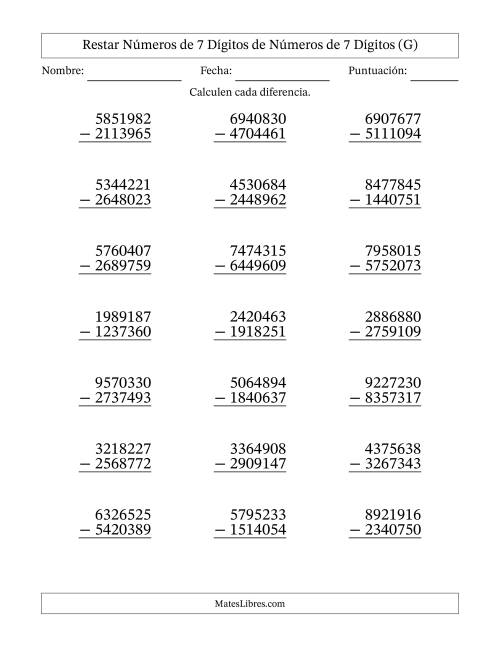 La hoja de ejercicios de Restar números de 7 dígitos de números de 7 dígitos, con acarreo en algunas preguntas (21 preguntas) (G)