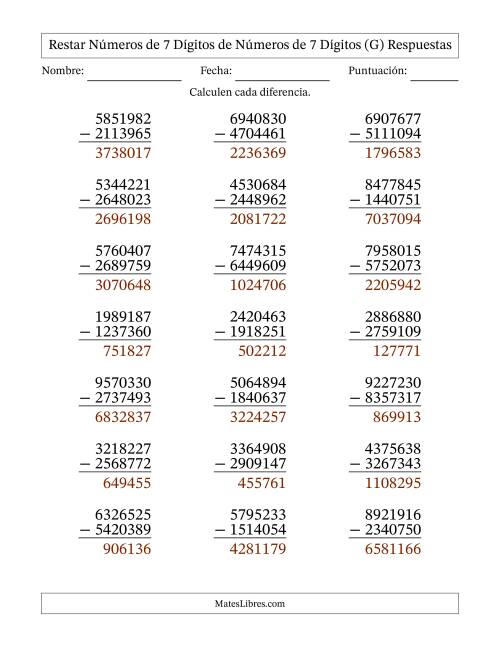 La hoja de ejercicios de Restar números de 7 dígitos de números de 7 dígitos, con acarreo en algunas preguntas (21 preguntas) (G) Página 2
