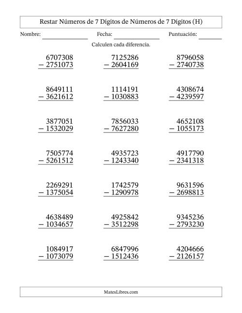 La hoja de ejercicios de Restar números de 7 dígitos de números de 7 dígitos, con acarreo en algunas preguntas (21 preguntas) (H)