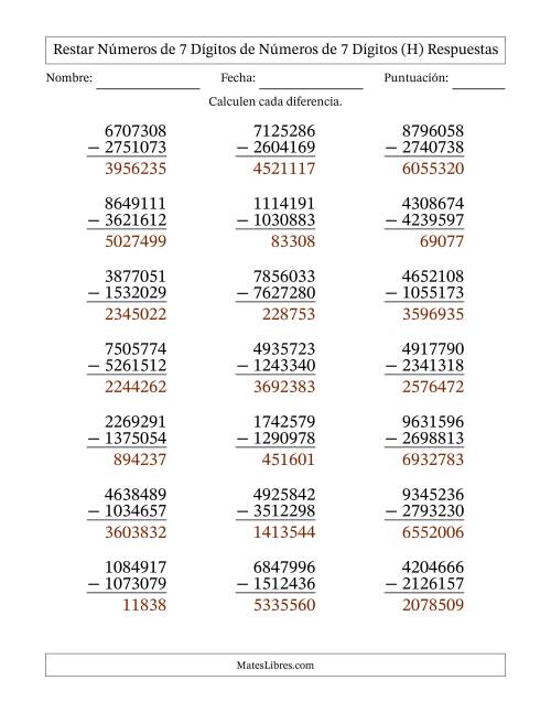 La hoja de ejercicios de Restar números de 7 dígitos de números de 7 dígitos, con acarreo en algunas preguntas (21 preguntas) (H) Página 2