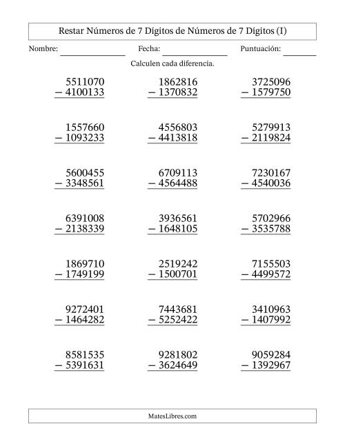 La hoja de ejercicios de Restar números de 7 dígitos de números de 7 dígitos, con acarreo en algunas preguntas (21 preguntas) (I)